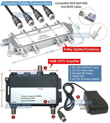 coaxial booster box 8-Way RF Splitter Combiner 14dB Amplified TV Signal Booster for Cable  Antenna TV