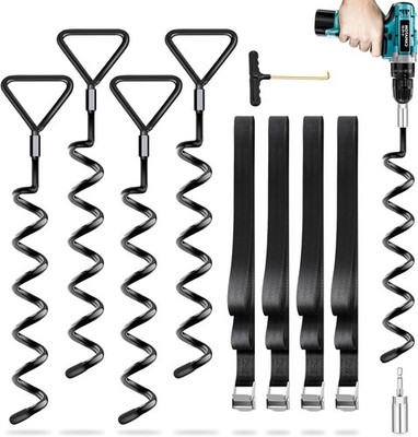 4-Pack Spiral Ground Anchors with Straps, Screw-In Stakes for Outdoor Use