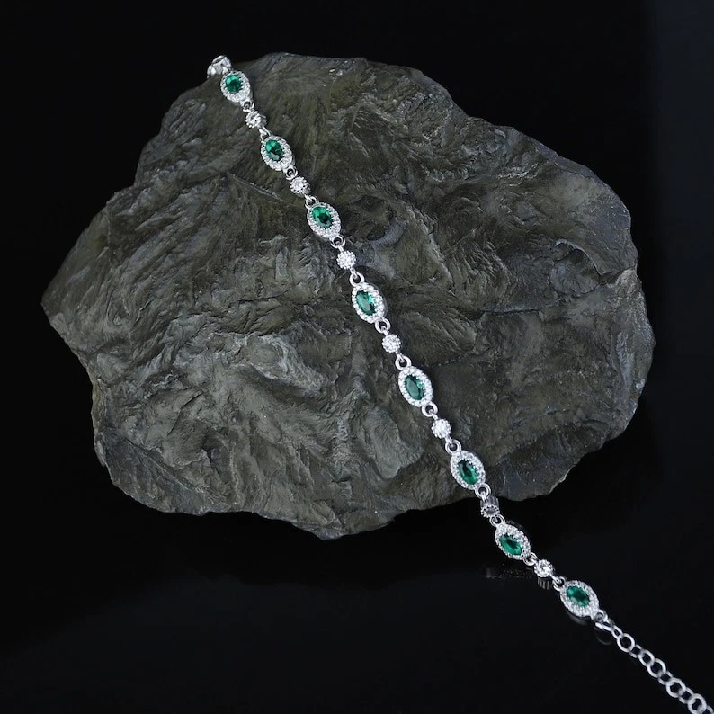 Women Silver Emerald Tennis Bracelet May Birthstone Emerald Bracelet - Image 3 of 4