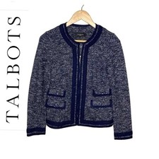 TALBOTS W Sz 4 Navy and White Tweed Braided Trim Jacket lady jacket