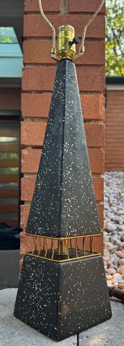 Vintage MCM Black Yellow Ceramic Brass Lamp Pyramidal Mid Century Atomic 1950s - Picture 6 of 14