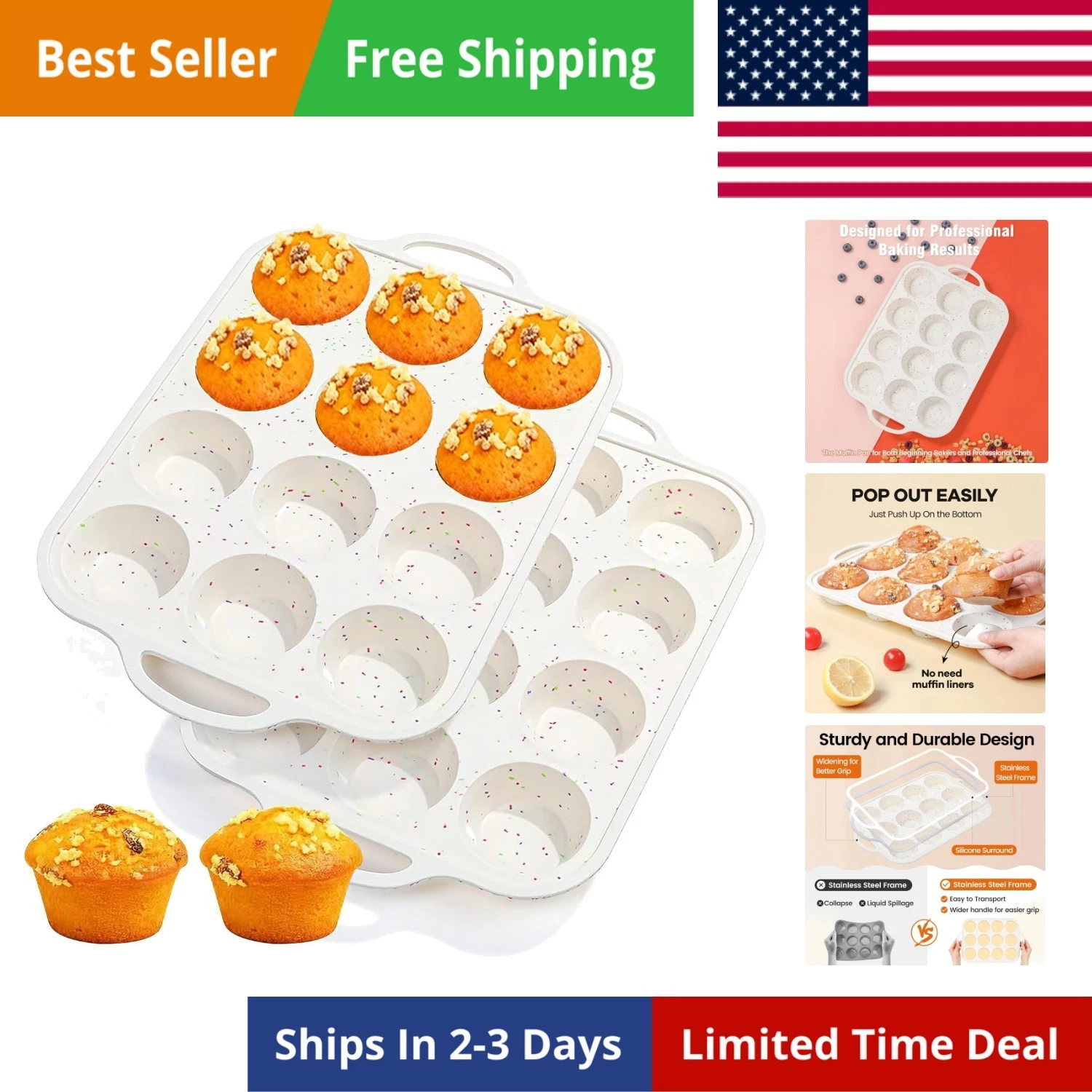 Silicone Muffin Pans for Baking 2 Pack, 2.8 Inch with Metal Reinforced Frame,...