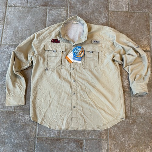 NWT Columbia PFG Men’s M OLE MISS Rebels OMNI-SHADE Vented L/S Shirt Tan - Picture 1 of 8