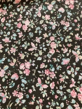 Tiny Pink Lt Blue Flowers Butterflies on Black Calico VTG Peter Pan Fabrics 1.15