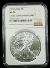 2016 $1 American Silver Eagle NGC MS 70 Eagle  30th Anniversary 6444