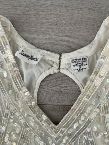 Womens Vintage Silk NEIMAN MARCUS Ivory Art Deco Cocktail Party Sequin Dress, S - Picture 2 of 14