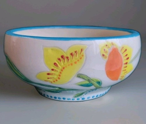 studio pottery bowl signed Bold Yellow/ Orange Flowers W/ Leaves Blue Trim 5" - Picture 2 of 10