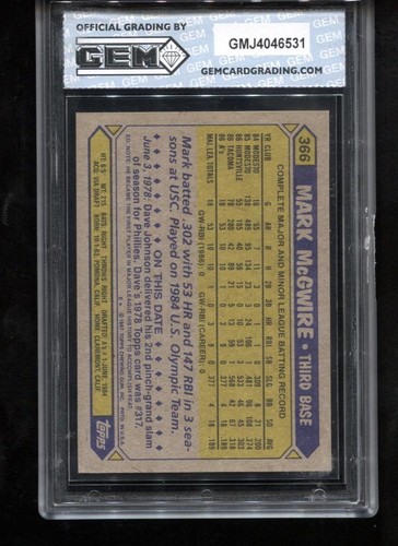 Mark McGwire RC 1987 Topps #366 novato gema como nueva 10 - Imagen 2 de 2