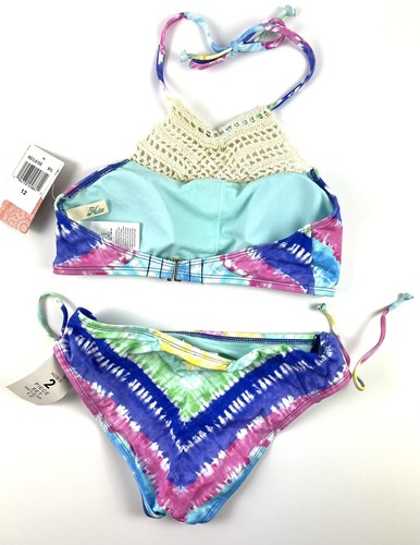 Hobie Girl’s Crochet Hi Neck Blue Multi Colored Bikini Set Size 12 - Picture 2 of 3