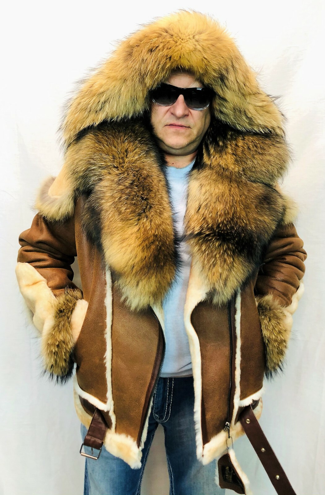 REAL 100% SHEEPSKIN SHEARLING LEATHER REAL RACCOON BOMBER B3 Coat ...