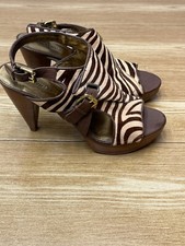 Women’s Open Toe Platform Cow Leather Shoe Zebra Print Fur Size 8 Nine West Heel