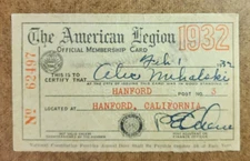 1932 Official Membership Card AMERICAN LEGION - Hanford California