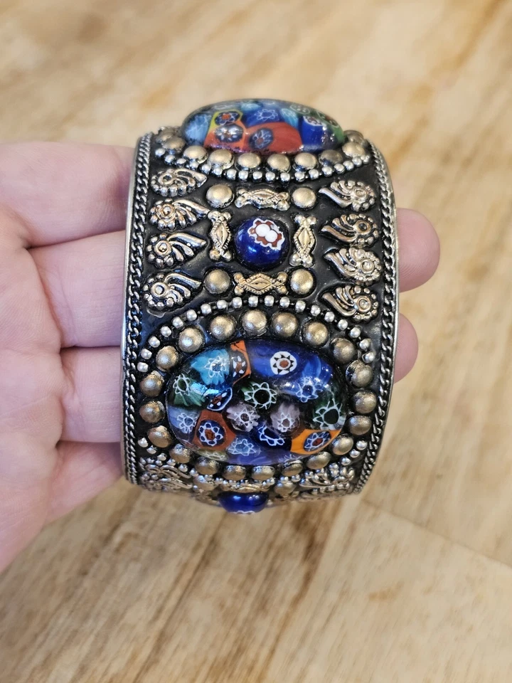 De colección. Brazalete Brazalete Grande 3D Estilo Italiano Murano Millefiori Tonificado Plata Foto 3 de 4