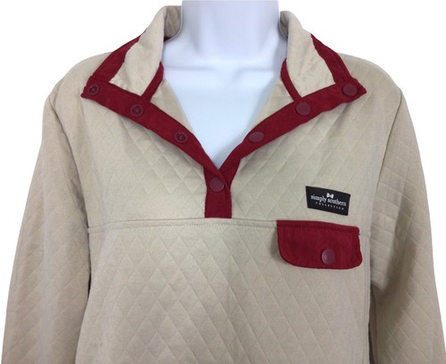 Pullover acolchado Simply Southern rojo crema ribete talla M sudadera bolsillos superiores - Imagen 6 de 8