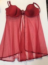 VICTORIA'S SECRET Lingerie Lace Babydoll Unlined Red Satin Trim 36C 38