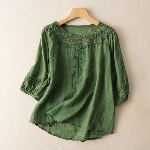 Women Cotton Linen Tunic Top Shirt Summer Casual Baggy Plain Blouse Plus Size US - Picture 15 of 33