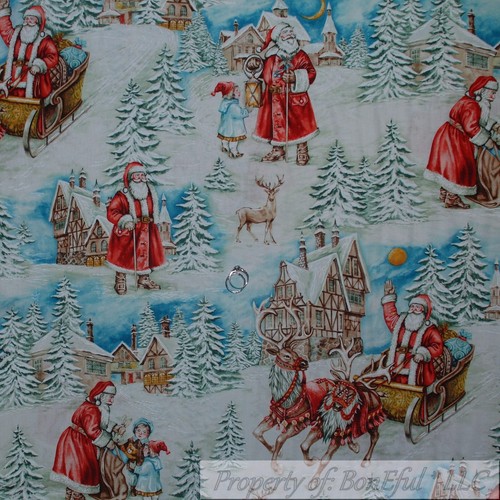 BonEful Fabric FQ Cotton Quilt VTG White Snowflake Xmas Town Scenic Santa Claus - Picture 6 of 13