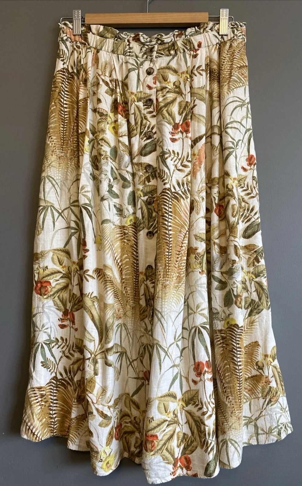 H&M Palm Tree Leaf Tropical Print Linen Blend Button Front Midi Skirt Size M