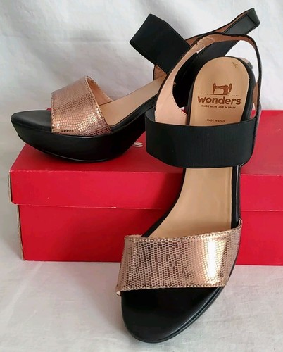 Wonders Sandals Women’s Black Rose Gold Leather Ankle Strap Platform Heels Spain - Picture 4 of 23