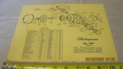 1967 Shakespeare No. 999 Fishing Reel Parts Diagram (Used) (B) 