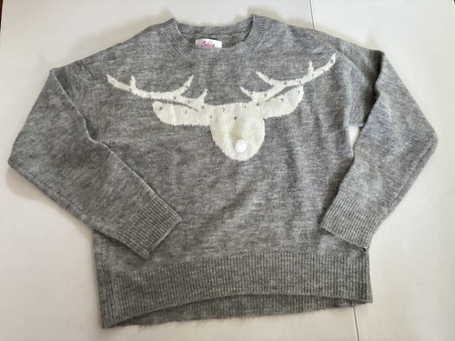 Justice Girls Sweater Rhinestone Reindeer Gray Size 12 - Picture 1 of 5
