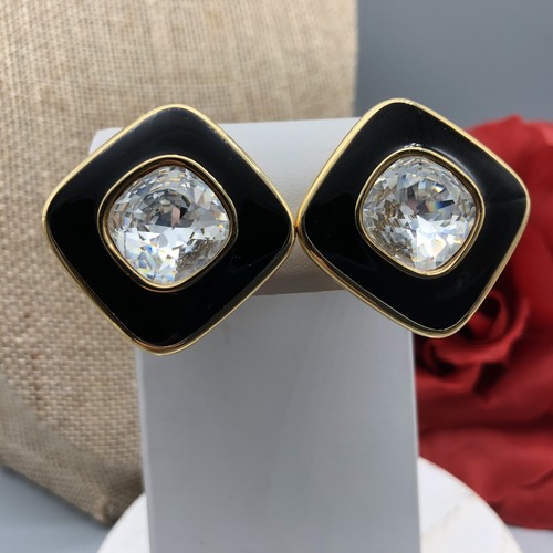 Pendientes triangulares vintage firmados SAL Swarovski negro y cristal clip 1,5" - Imagen 2 de 6