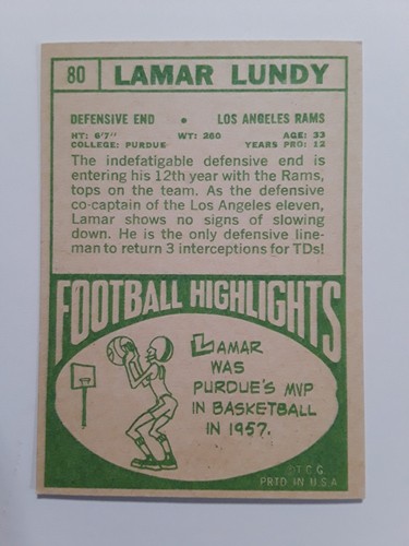 Carta calcio 1968 Topps Lamar Lundy #80 Los Angeles Rams - Foto 2 di 2