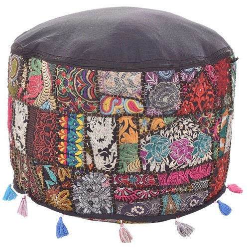 22" Indische Baumwolle Schwarz Patchwork Ottoman Pouf Bezug Wohndeko Kissenbezug USA - Bild 2 von 3