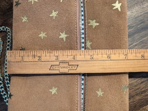 Borsa Moda Luxe pieghevole pochette beige scamosciata oro stelle catena tracolla - Foto 17 di 18