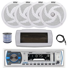 Pyle Bluetooth Marine Receiver, Cover, Antenna,Wire, 4x 6'' 240W White Speakers