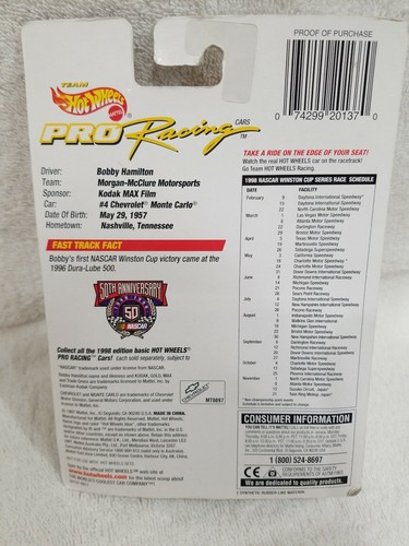 1998 Hot Wheels Pro Racing #4 Bobby Hamilton Chevy Monte Carlo Preview Edition - Picture 2 of 3