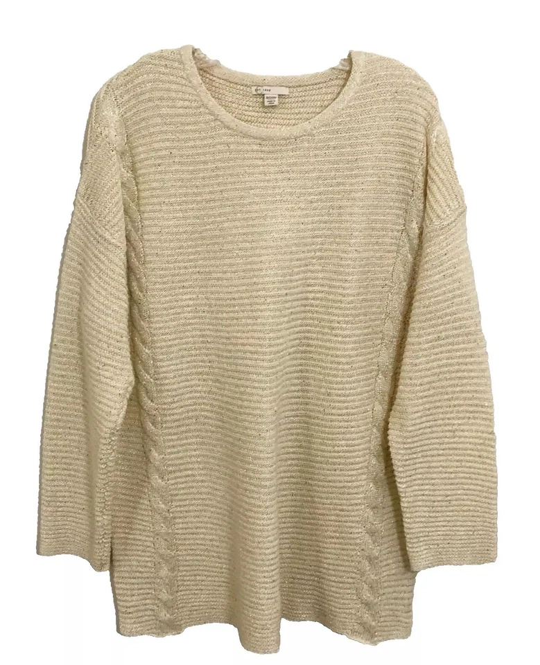 Cream Textured Cable Knit Front Crewneck Sweater 18/20 W | 2X Womens Boho Boxy - Image 3 of 4