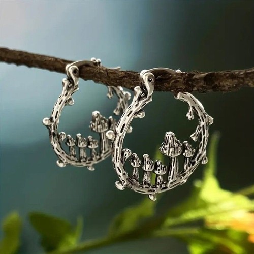 Vintage Style Antique Silver Bohemian Mushroom Hoop Earrings Mushroomcore NEW - Picture 5 of 5