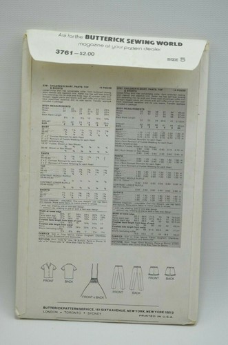 Butterick Uncut Pattern #3761 Childs Size 5 Shirt Pants Top and Shorts - Picture 3 of 5