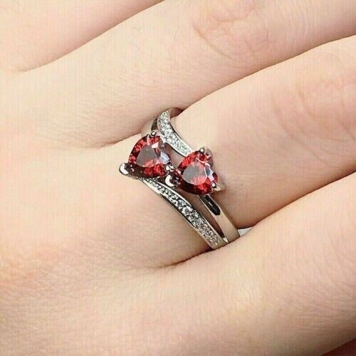 Heart Cut Simulated Red Garnet Double Heart Wedding Ring 14k White Gold Plated - Bild 5 von 8