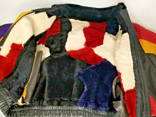 Vintage 1980's Men XL Urban Hip Hop Patch Work Shearling 100% Sheep Skin Jacket - Picture 8 of 12