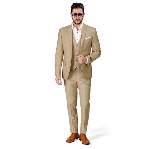 Beige Tan Slim Fit Suit Tuxedo 2 Button Notch lapel Vest Optional Fitted By AZAR - Picture 16 of 28