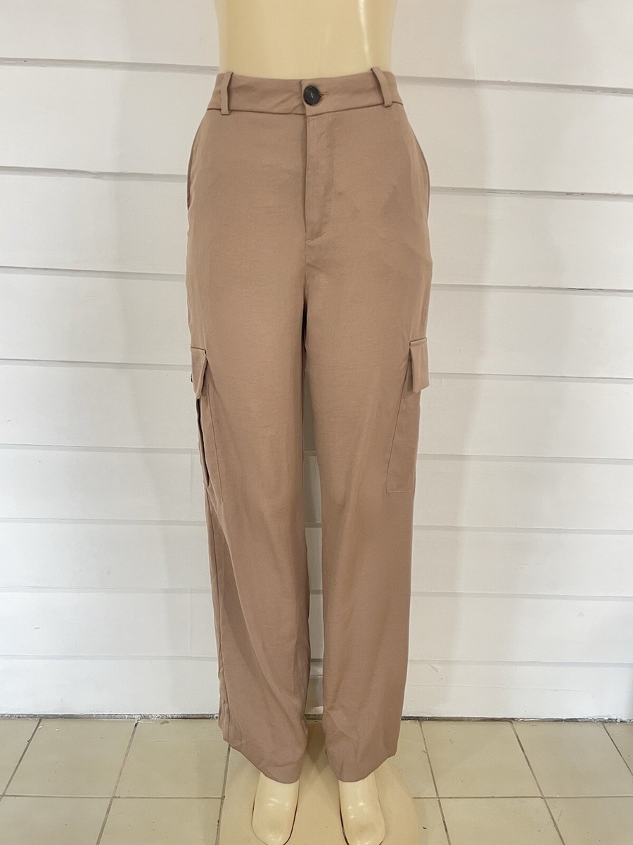 New ZARA Satin Effect Cargo Pants Sand Light Brown High
