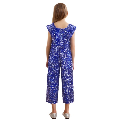 Girl Sequin Jumpsuit Cap Sleeve Playsuit Dance Bodysuit Wide Leg Romper Outfit - Picture 11 of 64