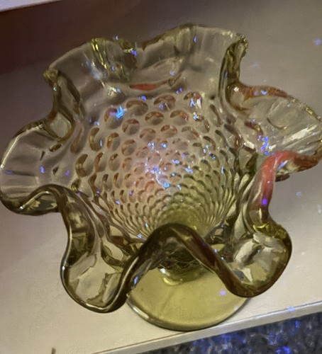 UV Reactive Fenton Double Crimped Footed Vase Colonial Green Hobnail 3.75” - Picture 3 of 8