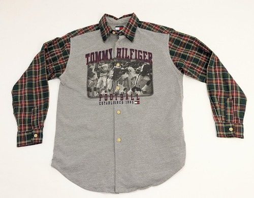 Boys TOMMY HILFIGER Grey Football Button Up Shirt MEDIUM Green Plaid Long Sleeve - Picture 3 of 11