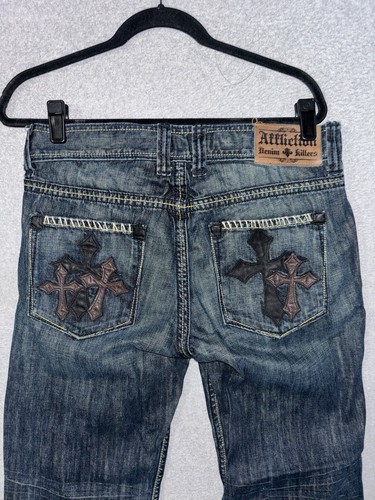 Y2K rare affliction Denim Killers 90’s Dark wash Cross Patch jeans size 30x32 - Picture 8 of 14