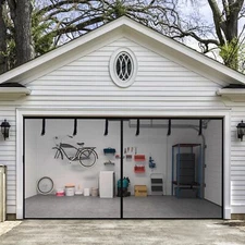 Magnetic Retractable 2 Car Garage Door Screen Curtain 16x7Ft Mesh Net Hands Free