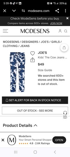 Joe's Jeans Girls Size 12 The Markie Mid Rise Skinny Cow Print Jeans NWT - Picture 6 of 6