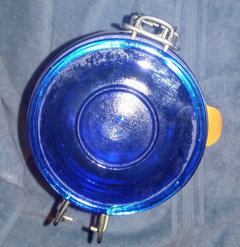 Vintage 13" Cobalt Blue Octagon Glass Jar Canister Wavy Bubbles Wire Bail - Picture 3 of 10