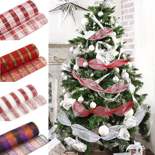 10yards Christmas Poly Metallic Mesh Ribbon for Wreath Xmas Tree Bow Craft Cute - Picture 2 of 20
