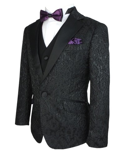 Abito da Sposo Smoking Jacquard Ricamato Nero Per Ragazzi In 3 Pezzi o 6 Pezzi - Picture 3 of 11