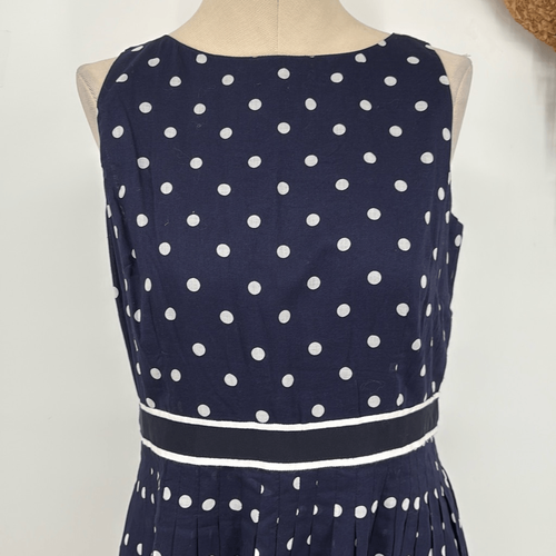 Talbots Women's Size 12P Fit And Flare Polka Dot Dress Sleeveless Navy White Cot - Picture 4 of 16