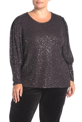 Top manga larga cuello redondo manchado metálico Como Blu Plus, lámina negra/plateada, 2X - Imagen 1 de 2