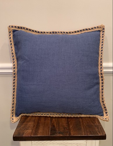 Phantoscope Denim Blue Throw Pillow Burlap Trim Linen Blend BLUE 22x22” Large - Picture 6 of 6